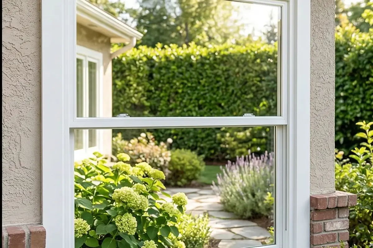 After cleaning: clear exterior window glass with bright garden reflection