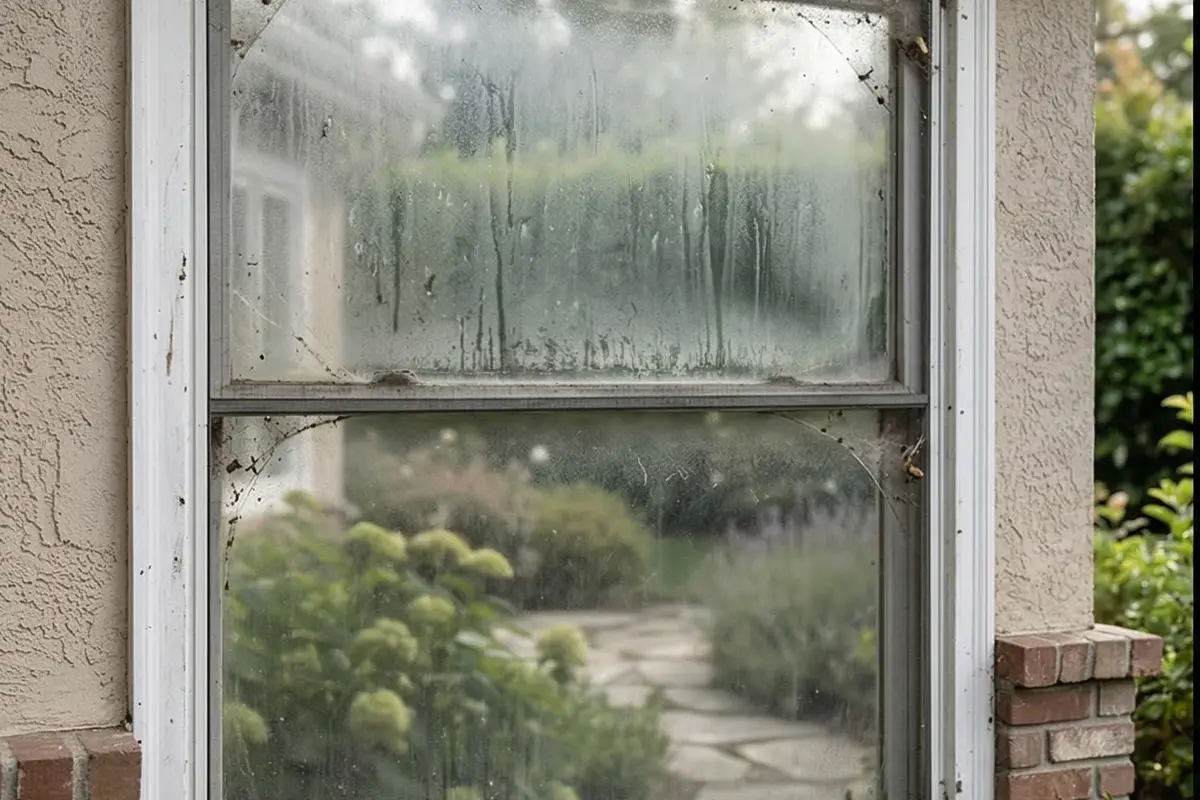 Before cleaning: dirty exterior window glass with grime and streaks
