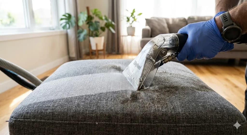 Upholstery extraction cleaning on a fabric ottoman