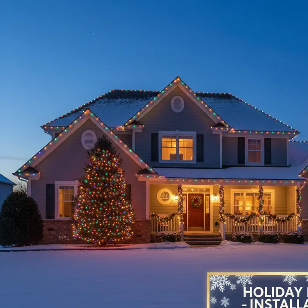 Holiday lights custom design with yard decorations