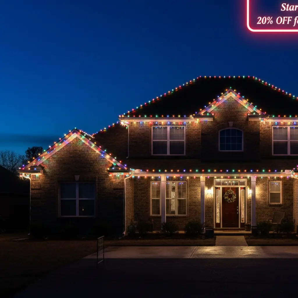 Christmas lights roofline and trees