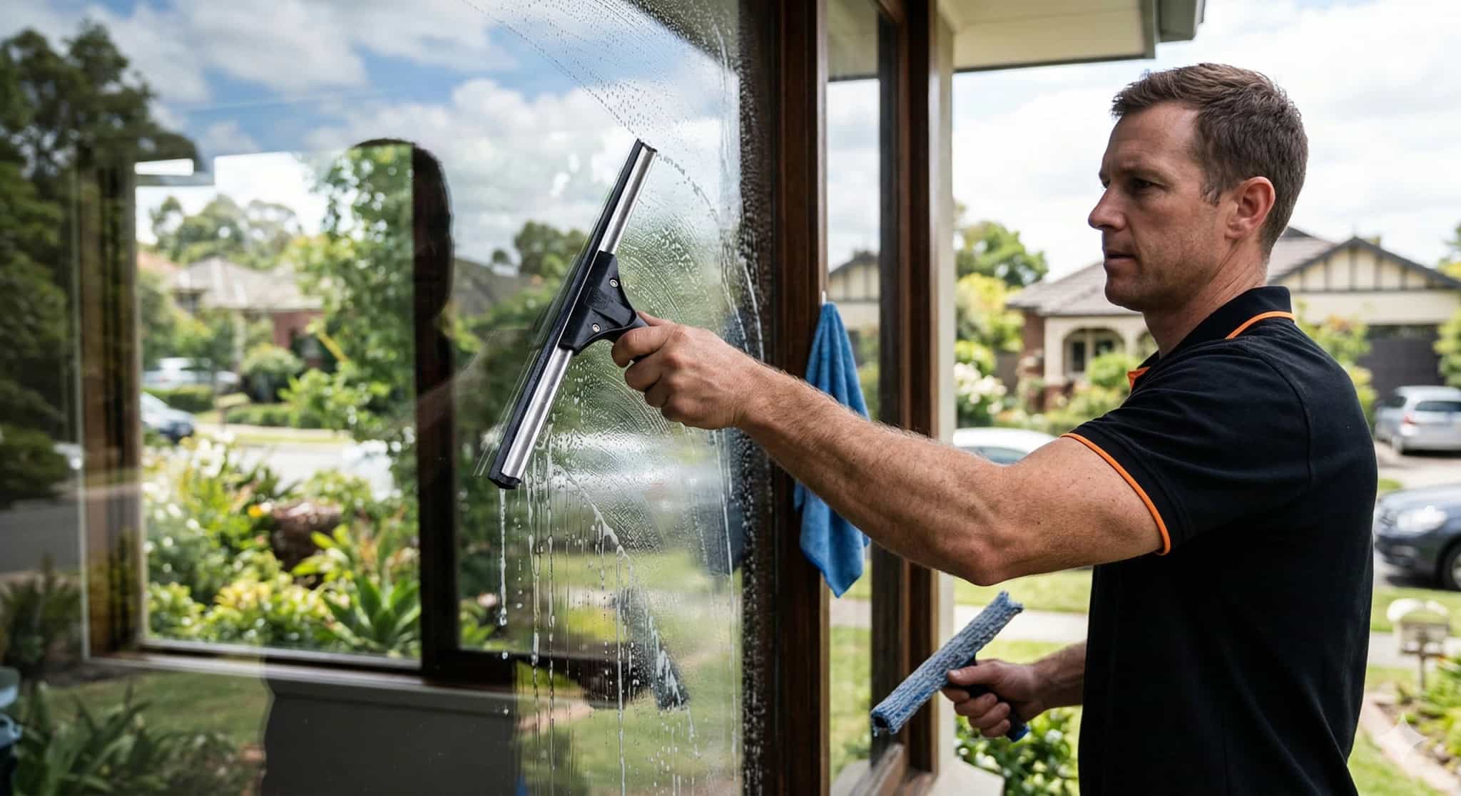 Professional window cleaner at work