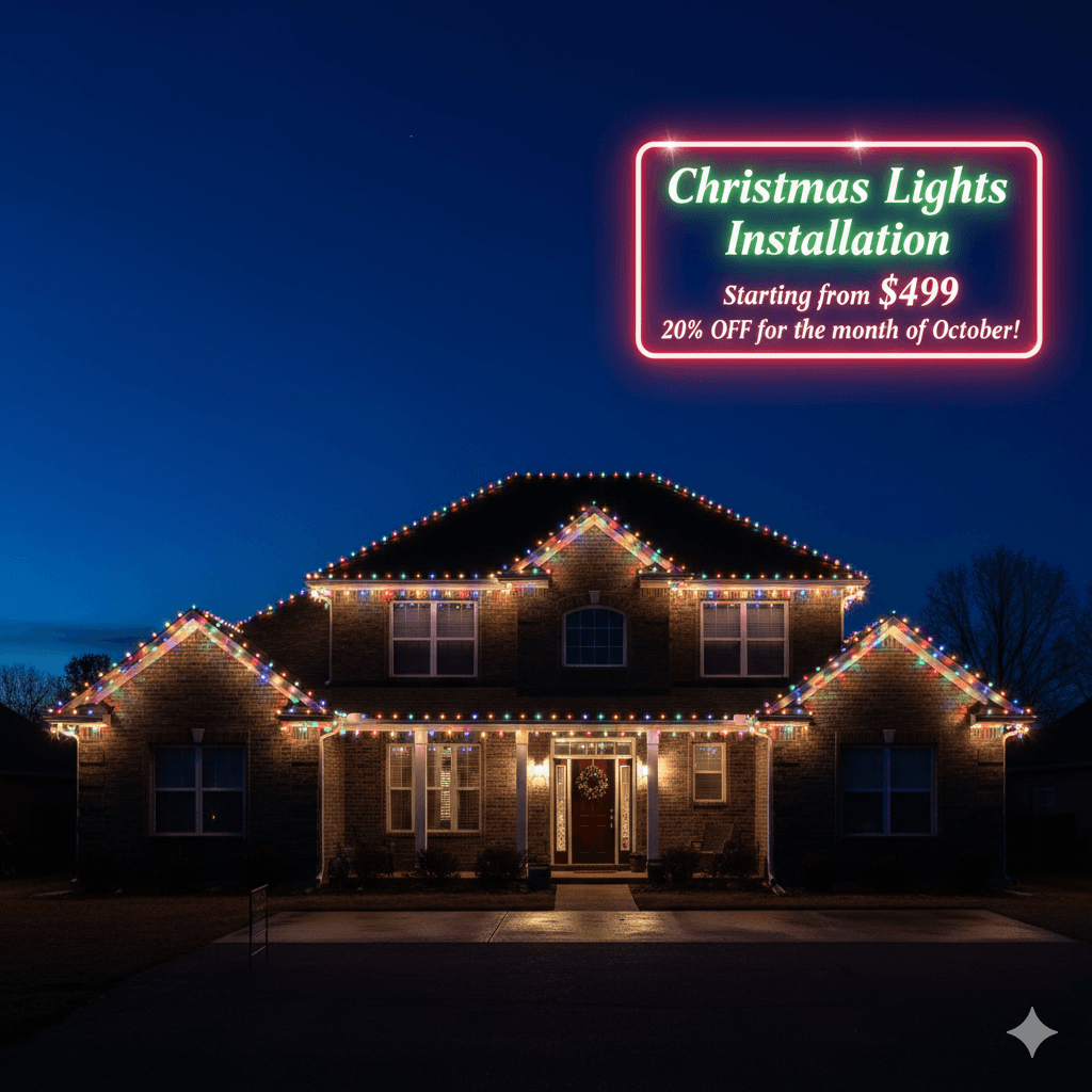 Christmas lights roofline and trees