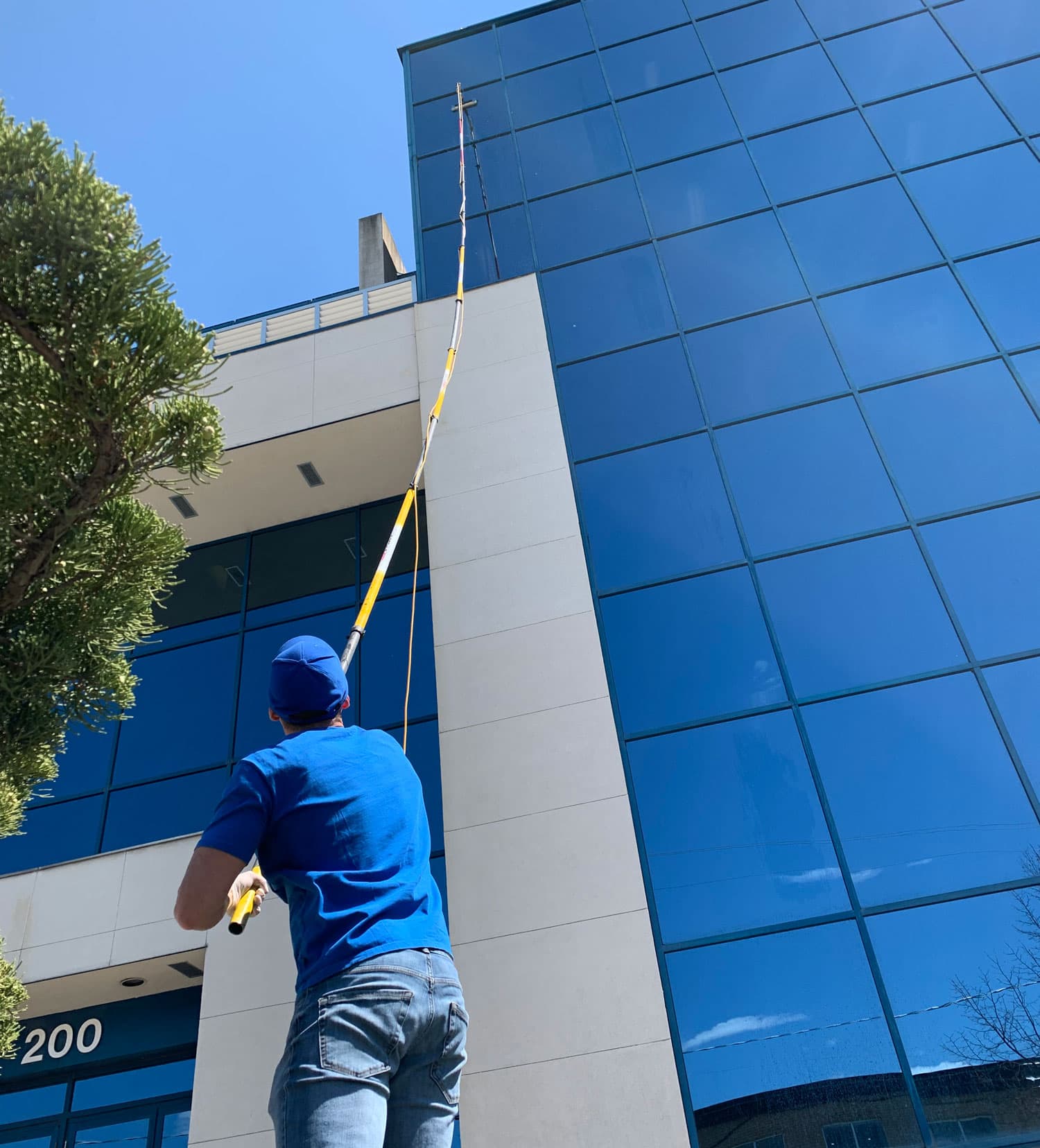 Water-fed pole system being used for professional window cleaning